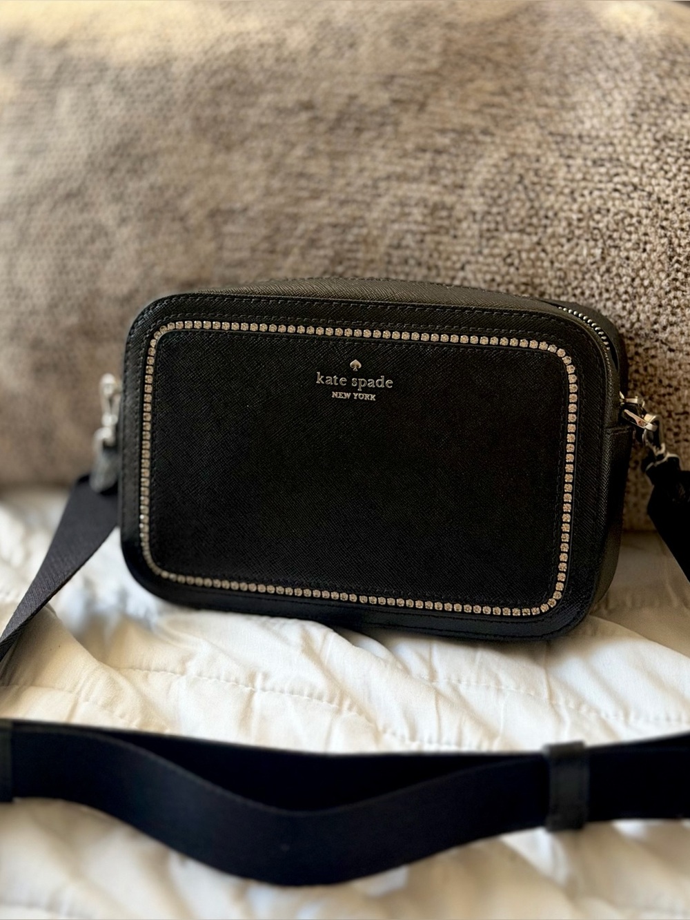 KATE SPADE Madison Mini Camera Patent Leather Crystal Crossbody Black